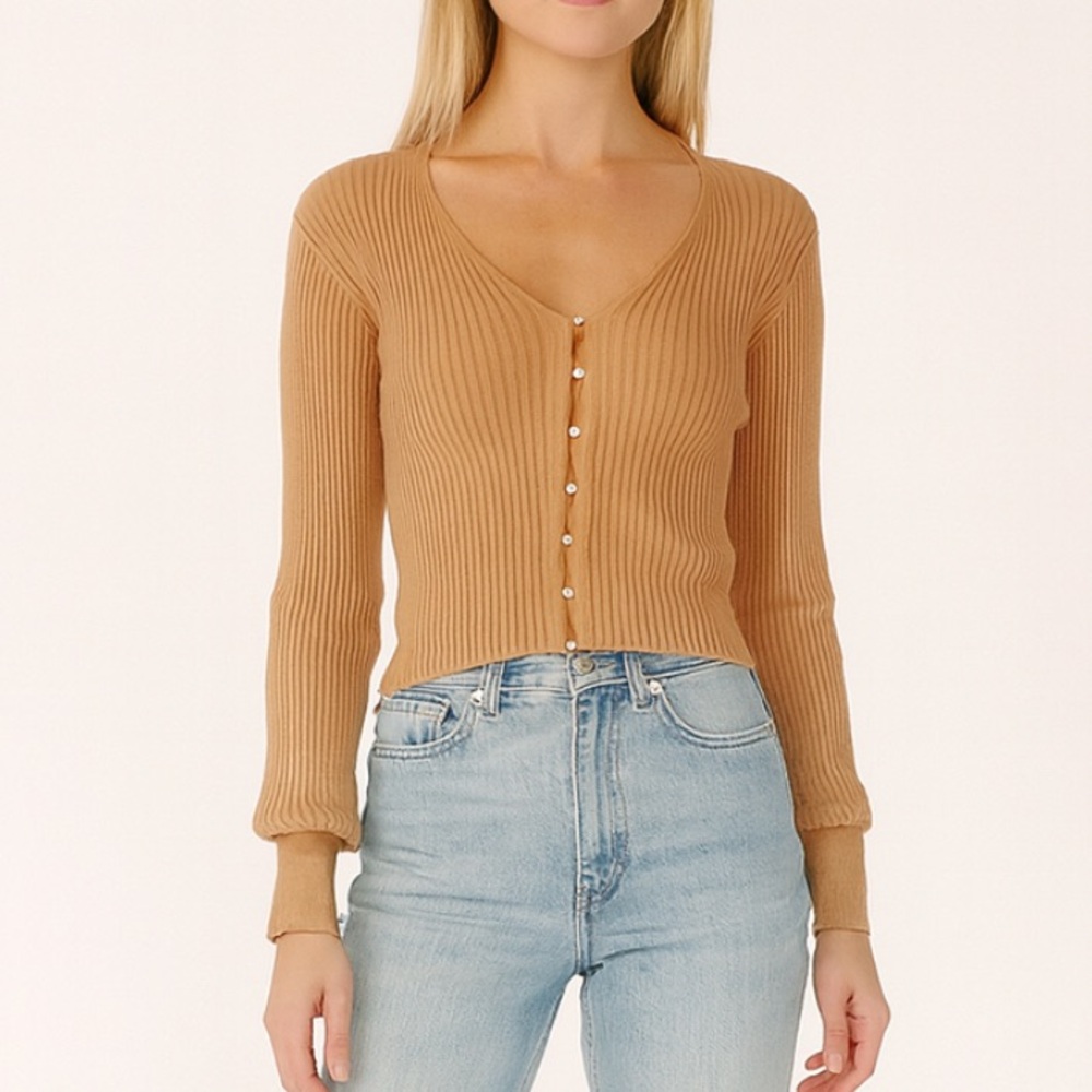 Ribbed V Neck Balloon Sleeve Pearl Button Cut Out Sweater Festival L